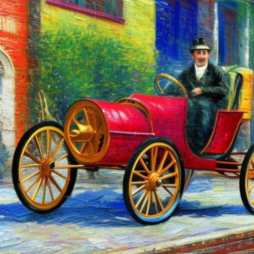 Carl Benz First Motor Car: Expressionist Oil Painting