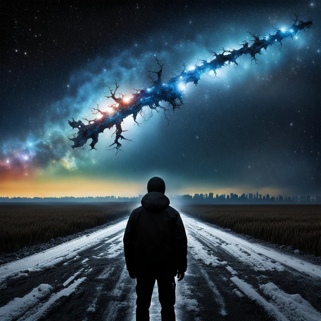 Warrior with Flaming Sword in Futuristic City