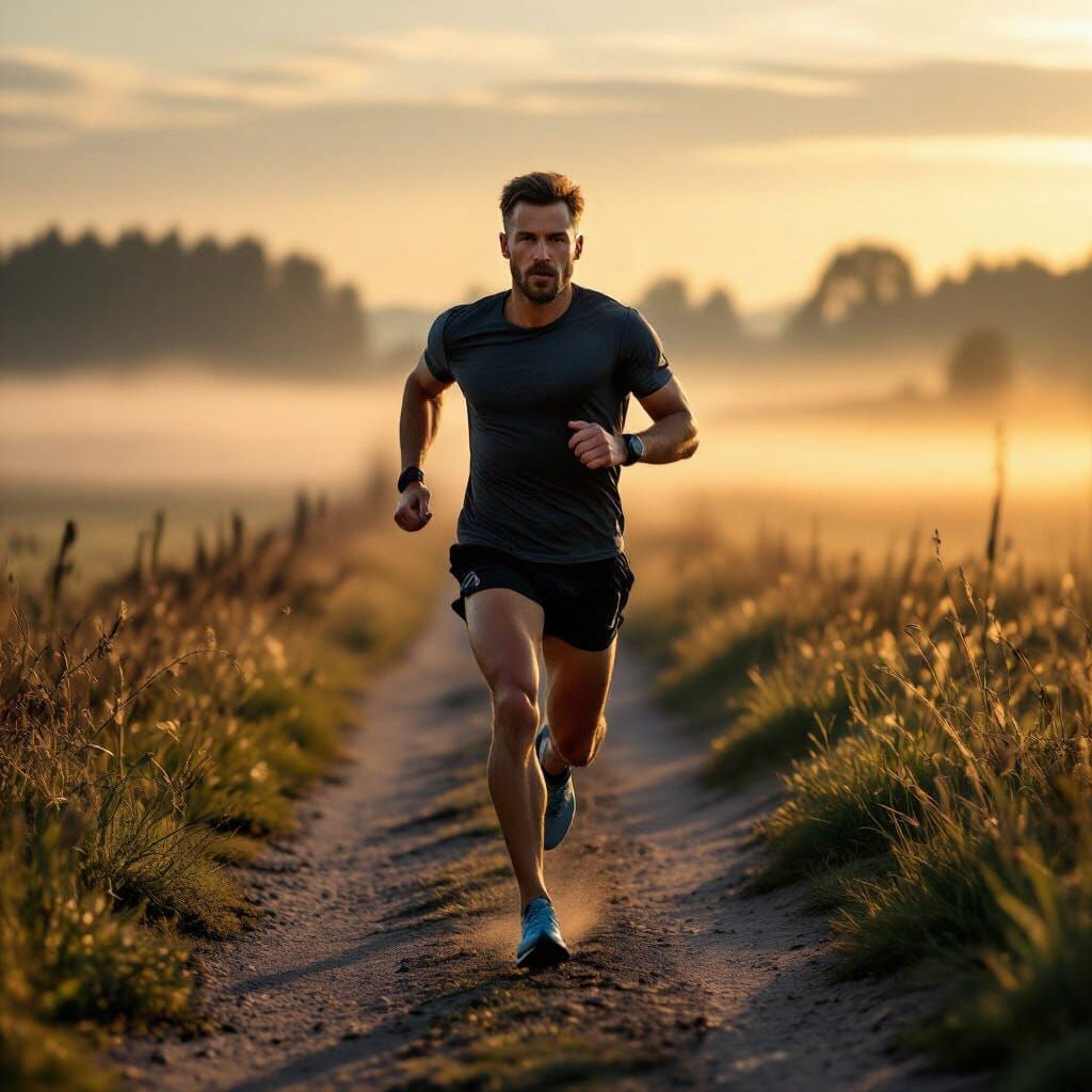 Man Running Swiftly in Polish Countryside at Sunrise