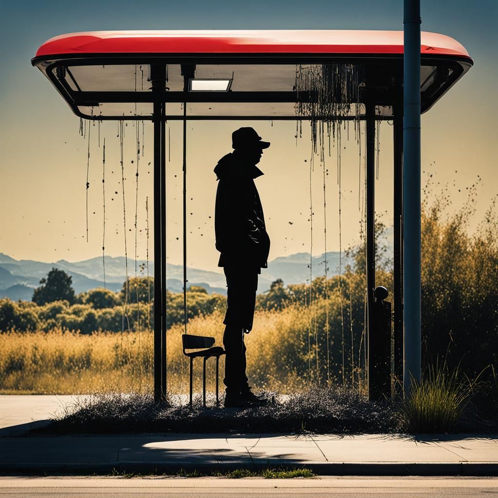 Silhouette Waiting at Bus Stop in Graffiti Style