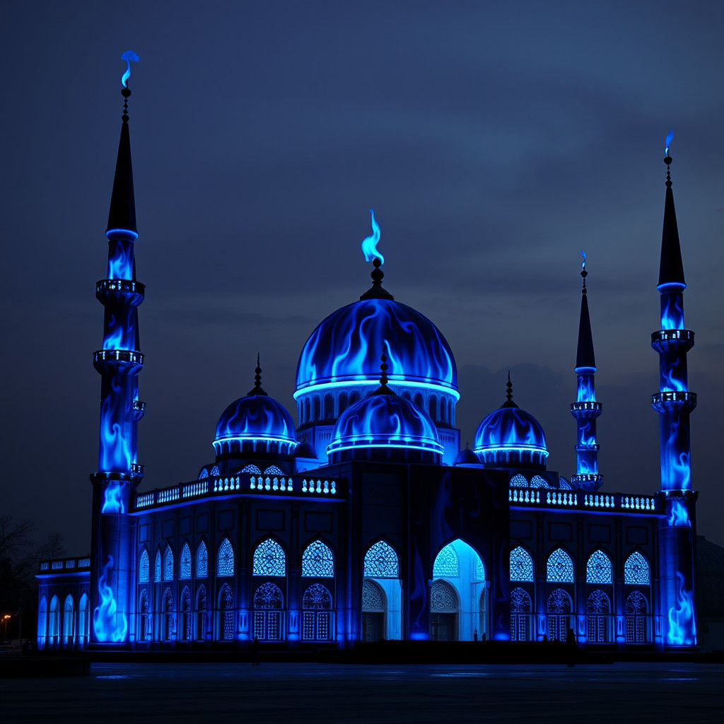 Majestic Mosque of Blue Flames Against Dark Sky