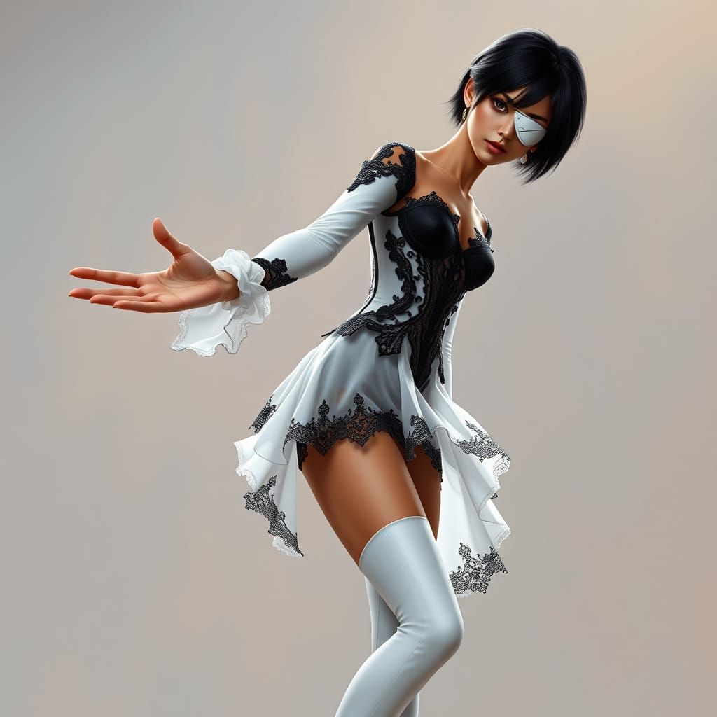 Slim Woman in White and Black Leotard Extends Hand in Fantas...