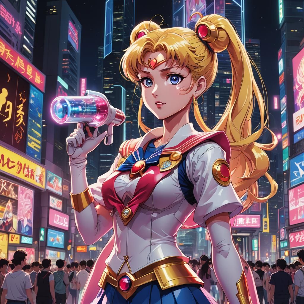 Sailor Moon Advocates in Neon Anime Cityscape
