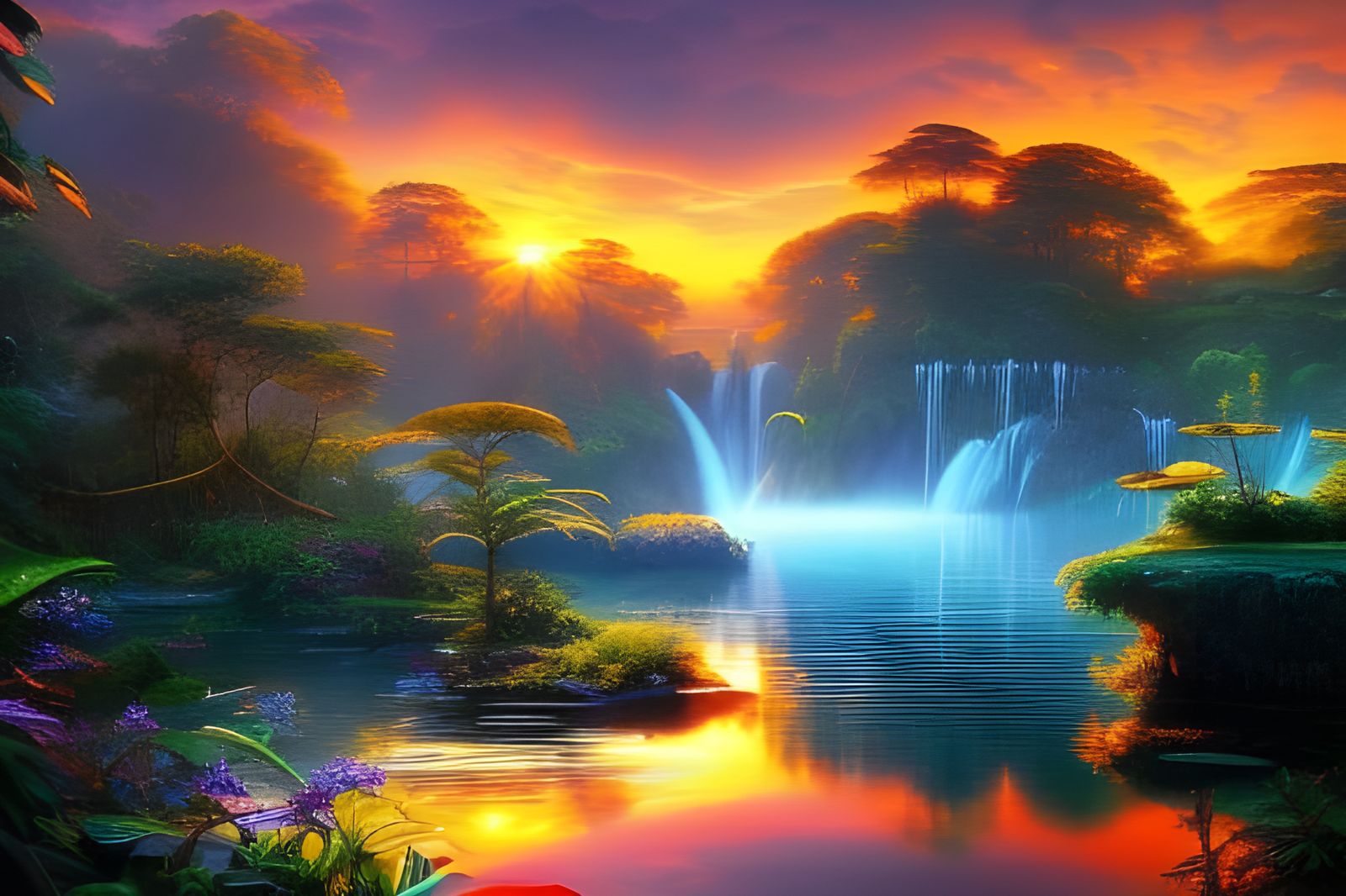 beautiful pond ! jungle oasis ! waterfall ! detailed jungle ! jungle ruins ! reflective water ! morning light sun rays b...