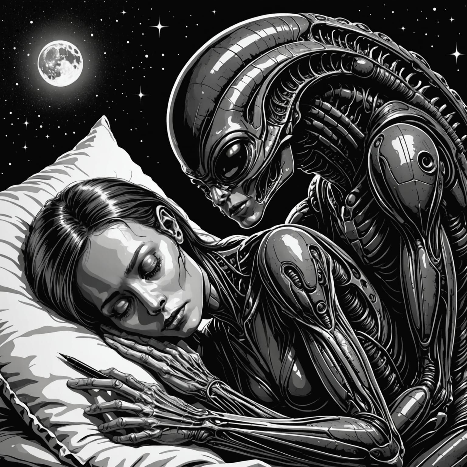 Humanoid Alien Induces Sleep: Pen and Ink Art