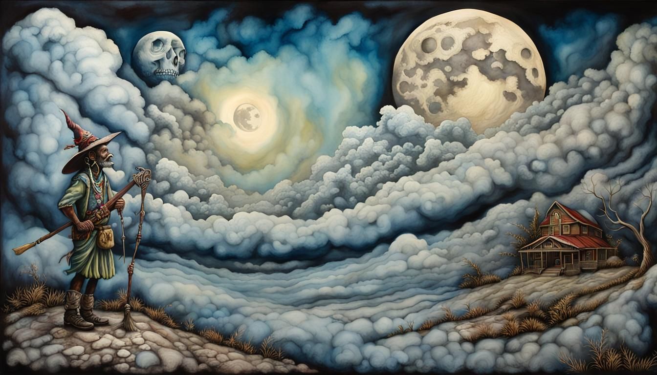 Witch Doctor in Encaustic Style Under Gigantic Moon