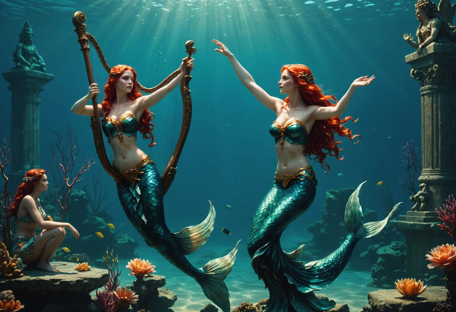 Mermaid Dances Before Goddess Statue Underwater