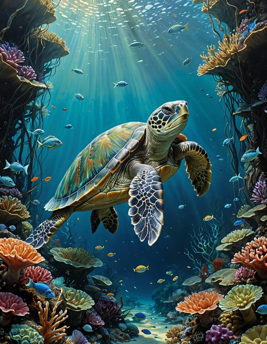 Baroque Turtle in Surreal Underwater Scene