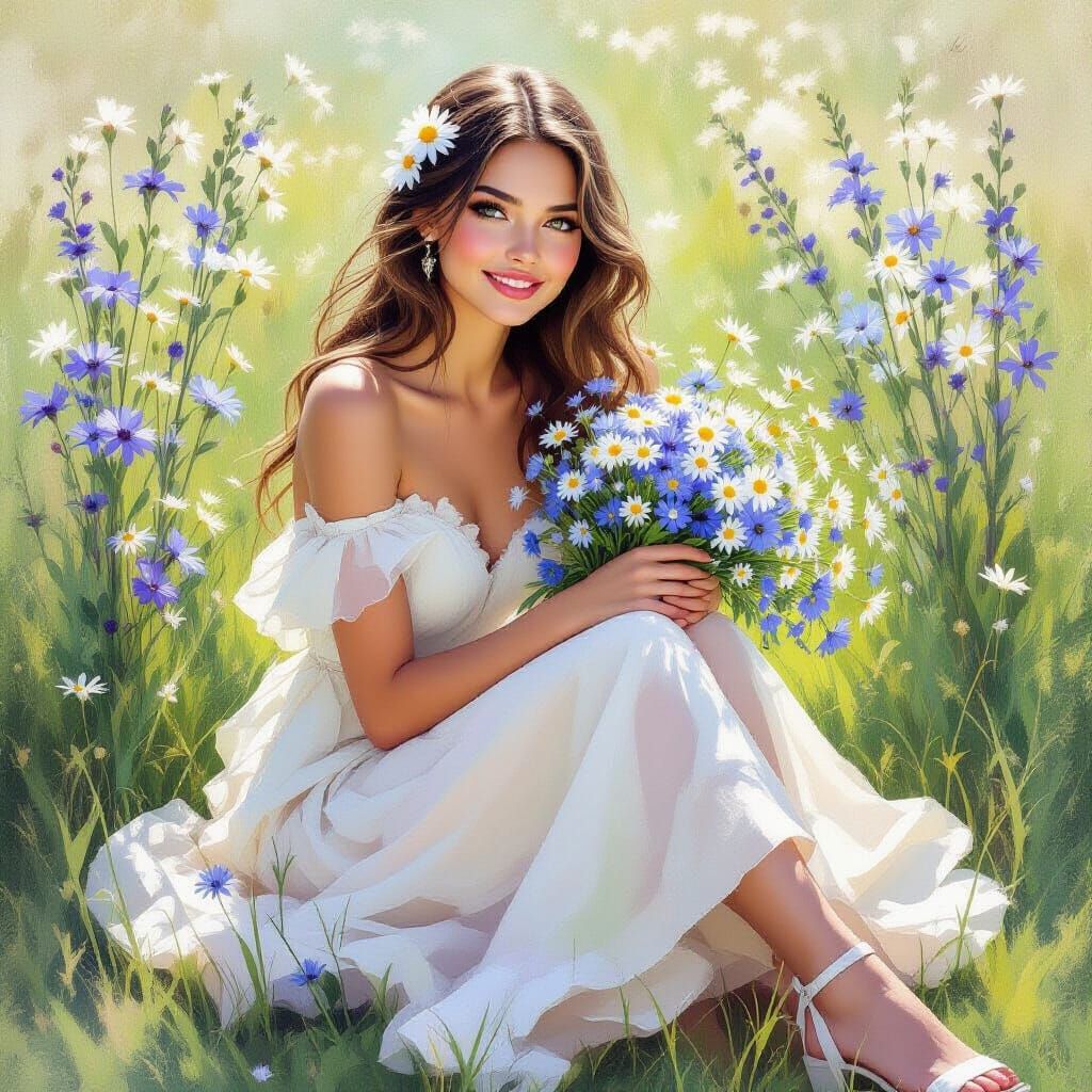 Elegant Woman with Flowers in Pastel Colors