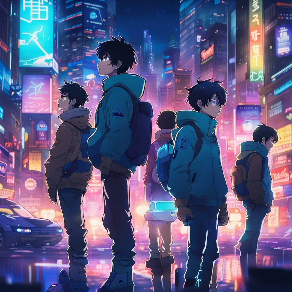 Anime Boys in Neon City Galaxy: Ghibli Style