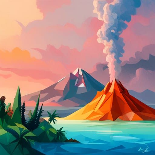 Origami Dinosaur and Volcano in Pastel Colors