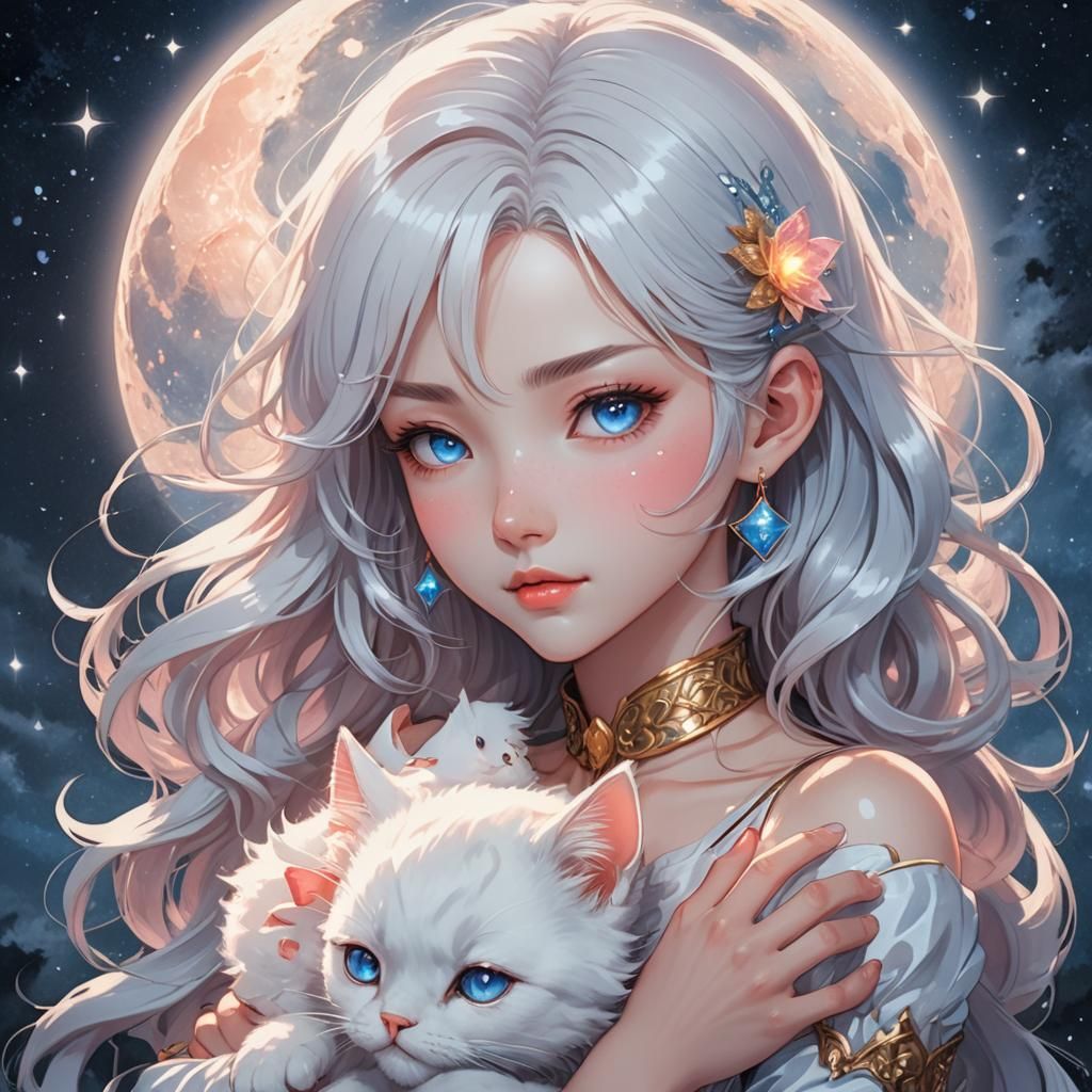 Anime Moon Girl with Kitten Spirit in Manga Style