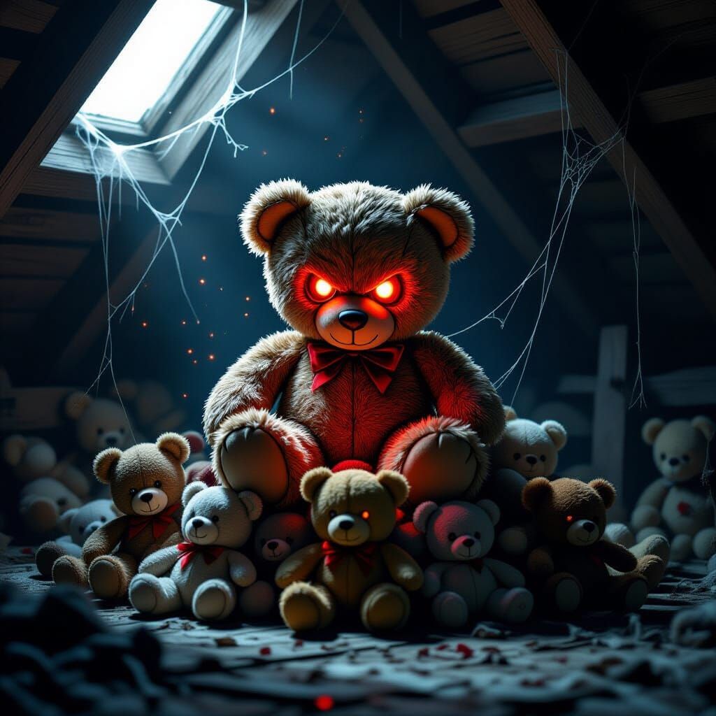 Sinister Teddy Bear with Glowing Red Eyes in Attic