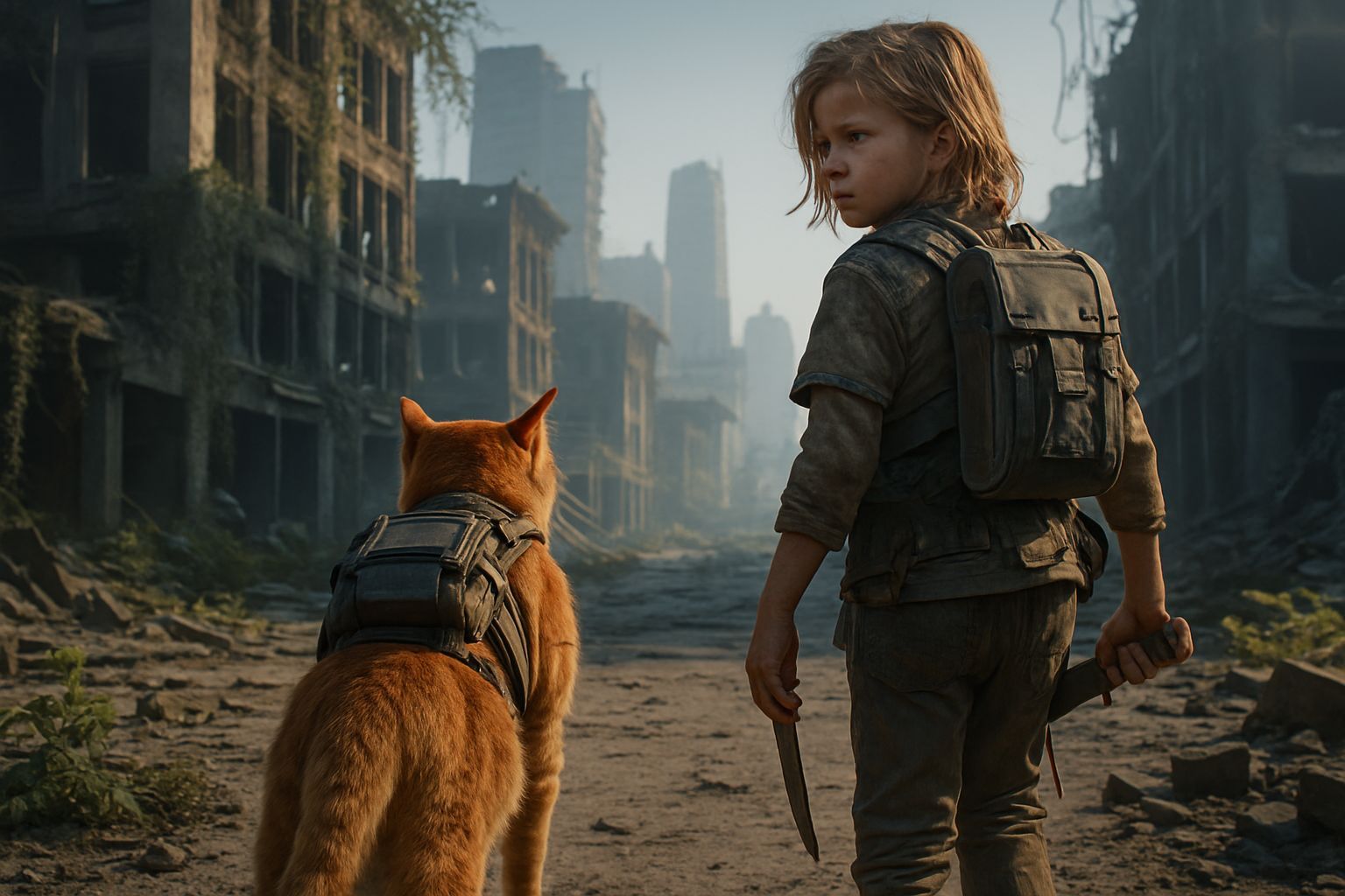 Protective Child and Cat Journey Through Ruins