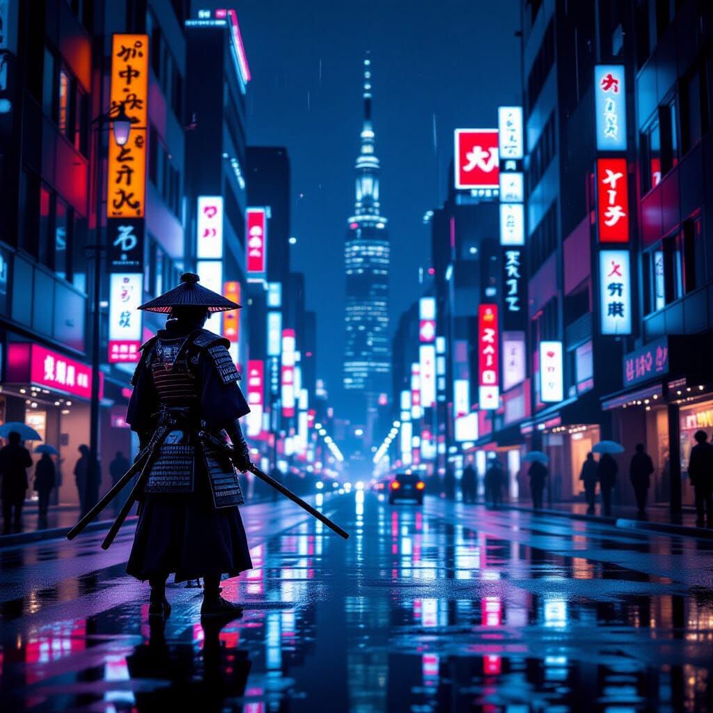 Lone Samurai in Neon Tokyo Street