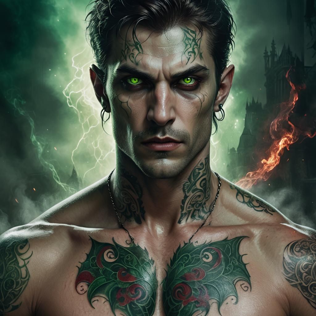 Mystical Vampire Portrait with Emerald Eyes, Fantasy Art