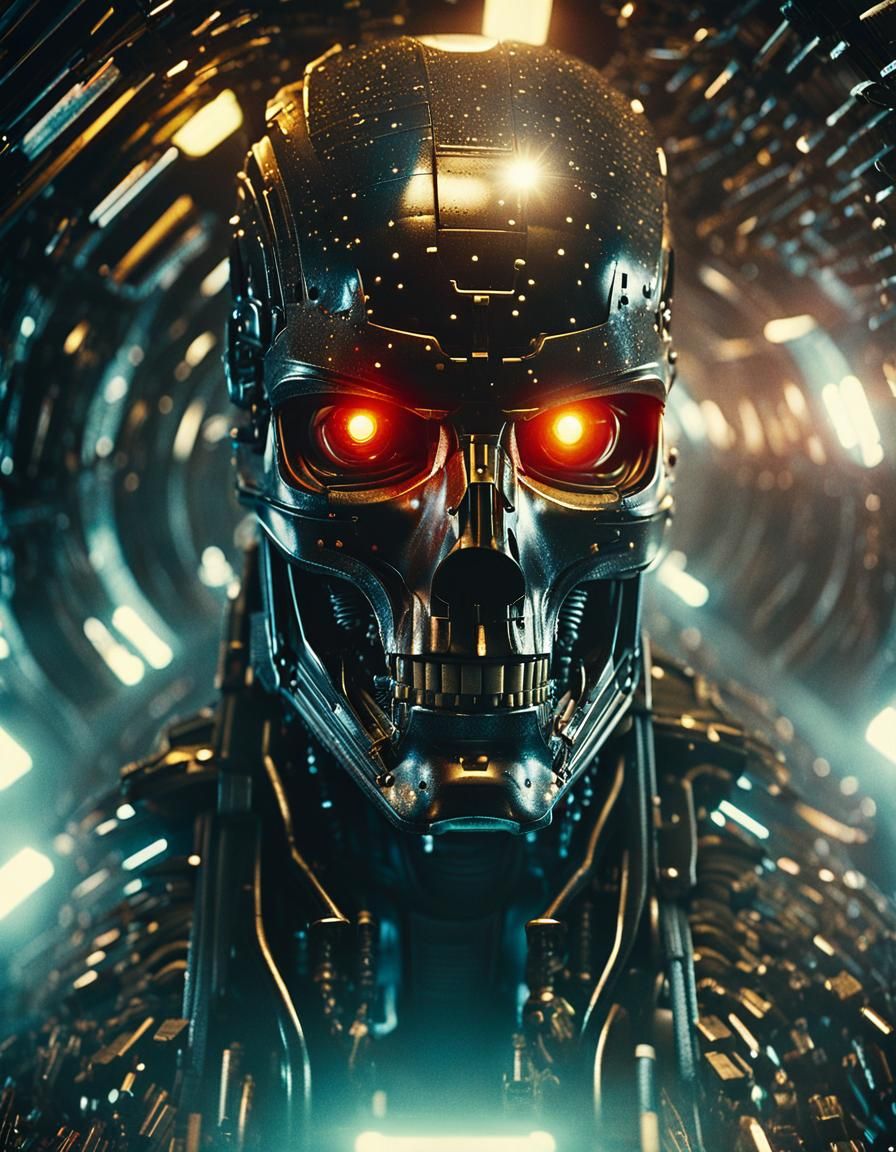 Sci-Fi Terminator Head in Glowing Tunnel