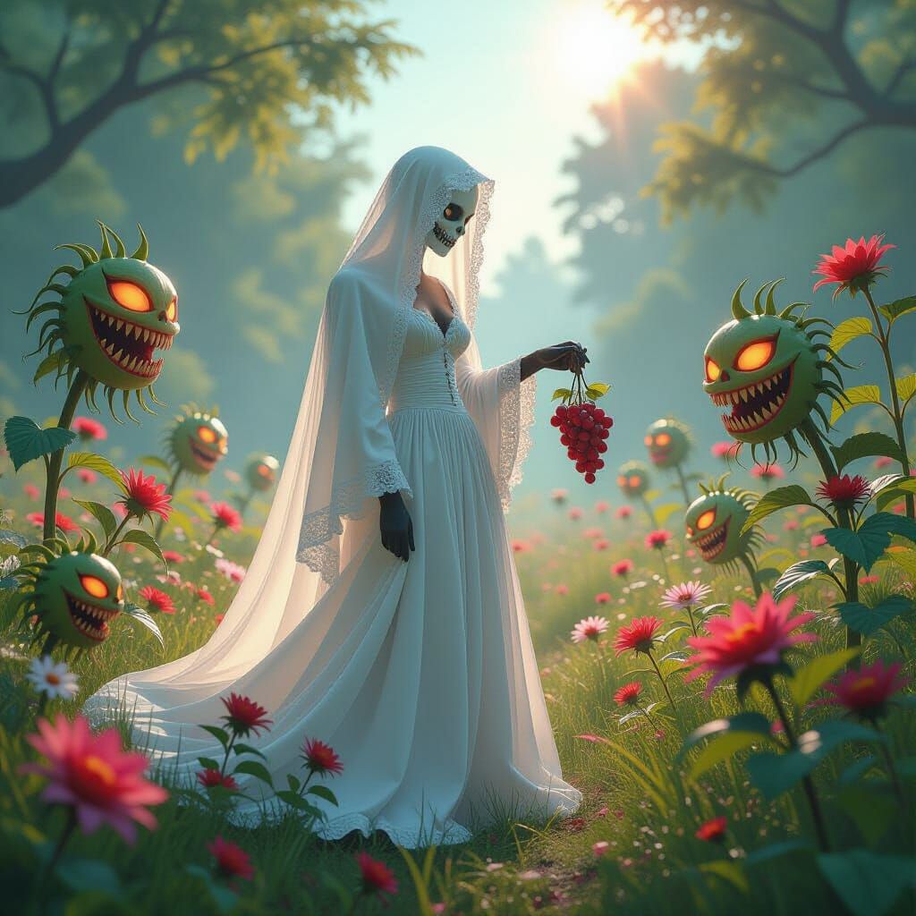 Ghostly Fashionista in Eerie Garden, Hyperrealistic Style