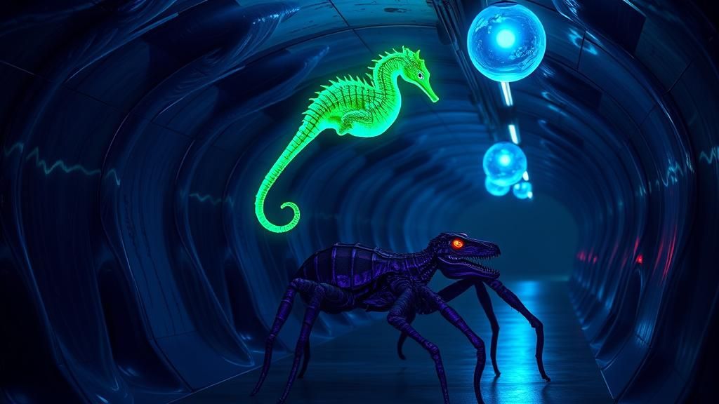 Psychedelic Seahorse over Subway Creature in Surreal Realm