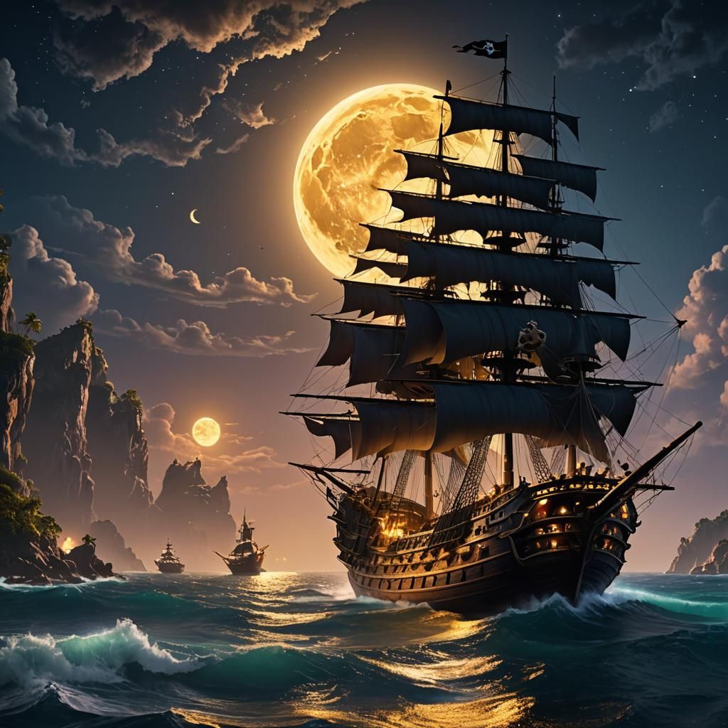 Pirate Ship Silhouetted by Golden Moon: Fantasy Art