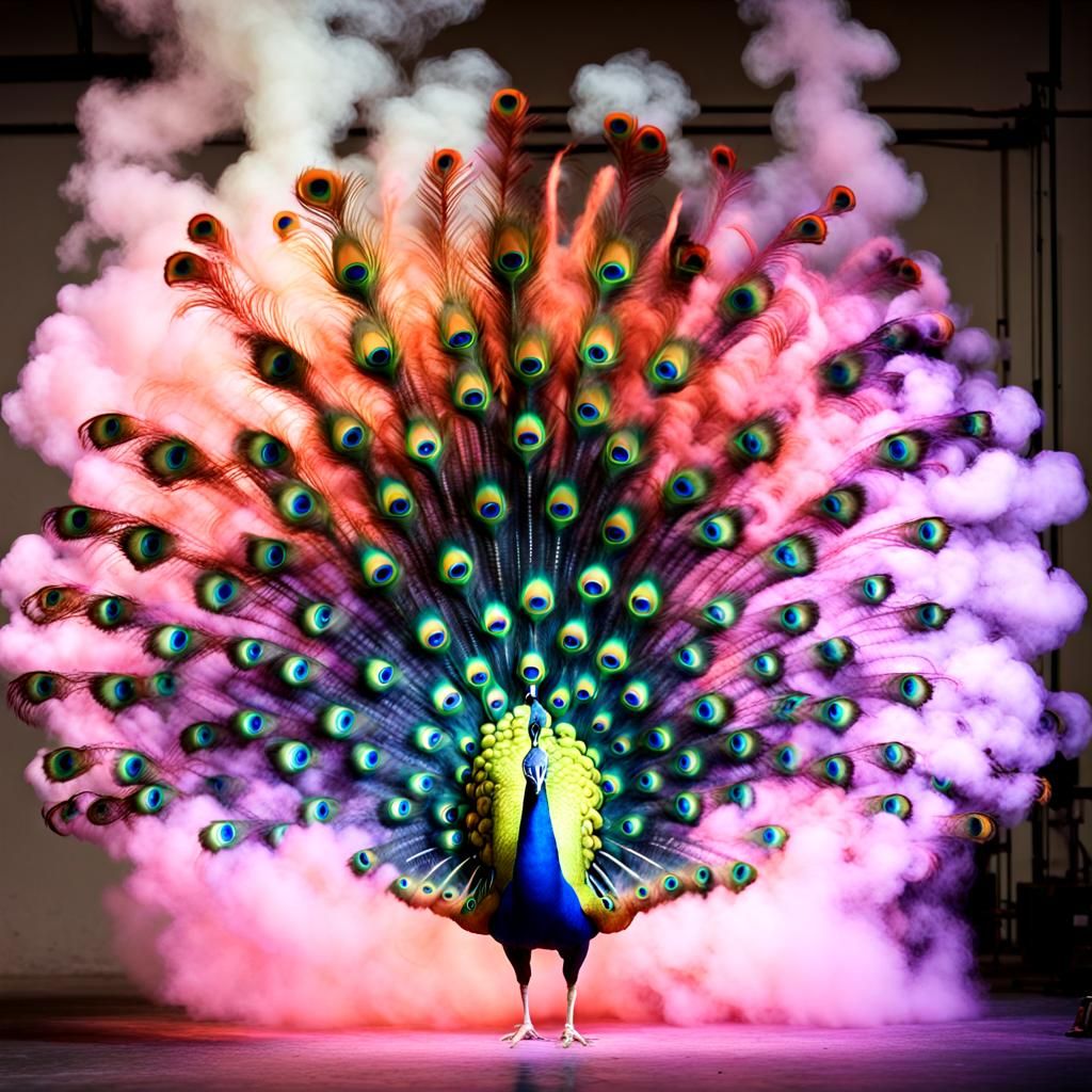 Fluorescent Rainbow Peacock Created From Smoke