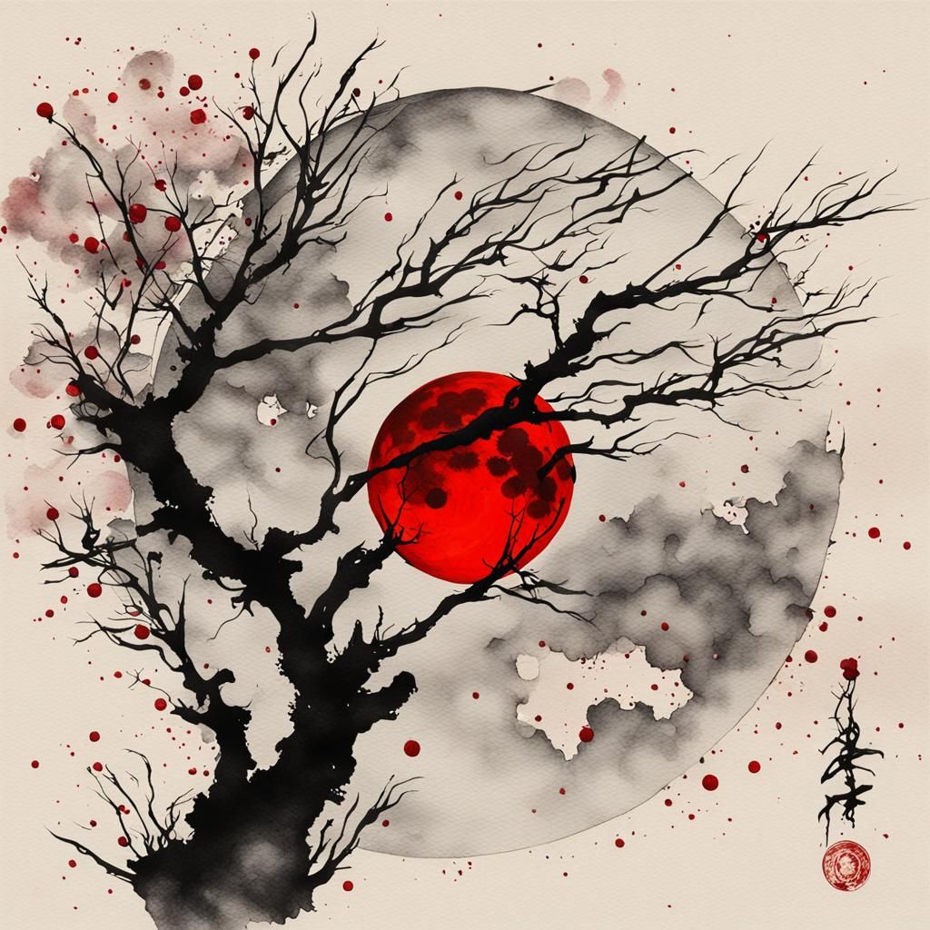 Ink Branch Silhouette with Red Moon