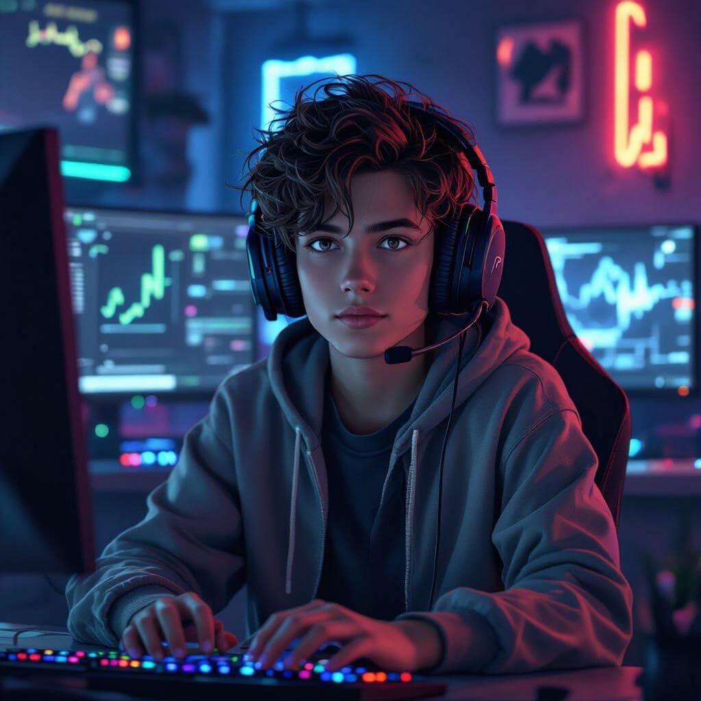 Gamer with Neon Lights in Digital Painting Style