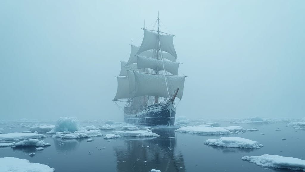 Surreal Arctic Sailing Vessel Drifts in the Frosty Ice