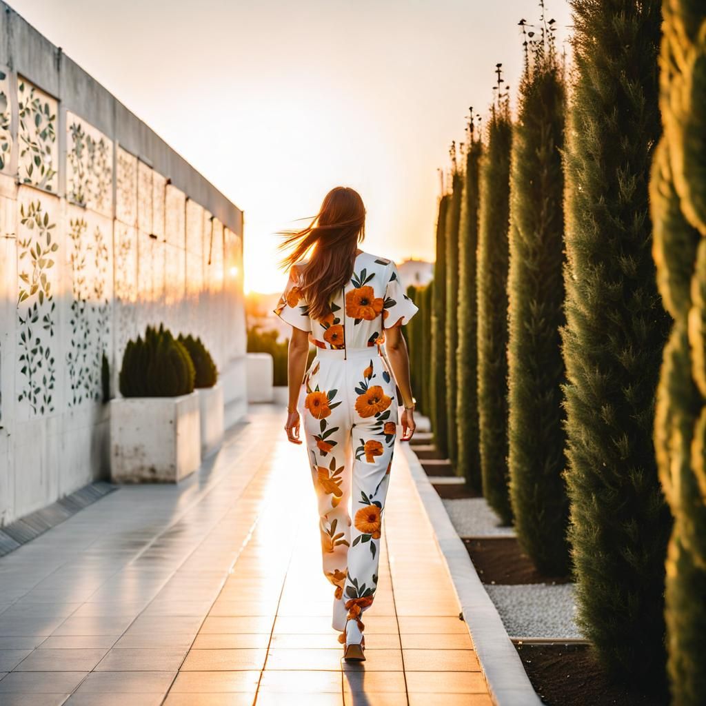 Woman in Floral Jumpsuit in Urban Garden at Sunset
