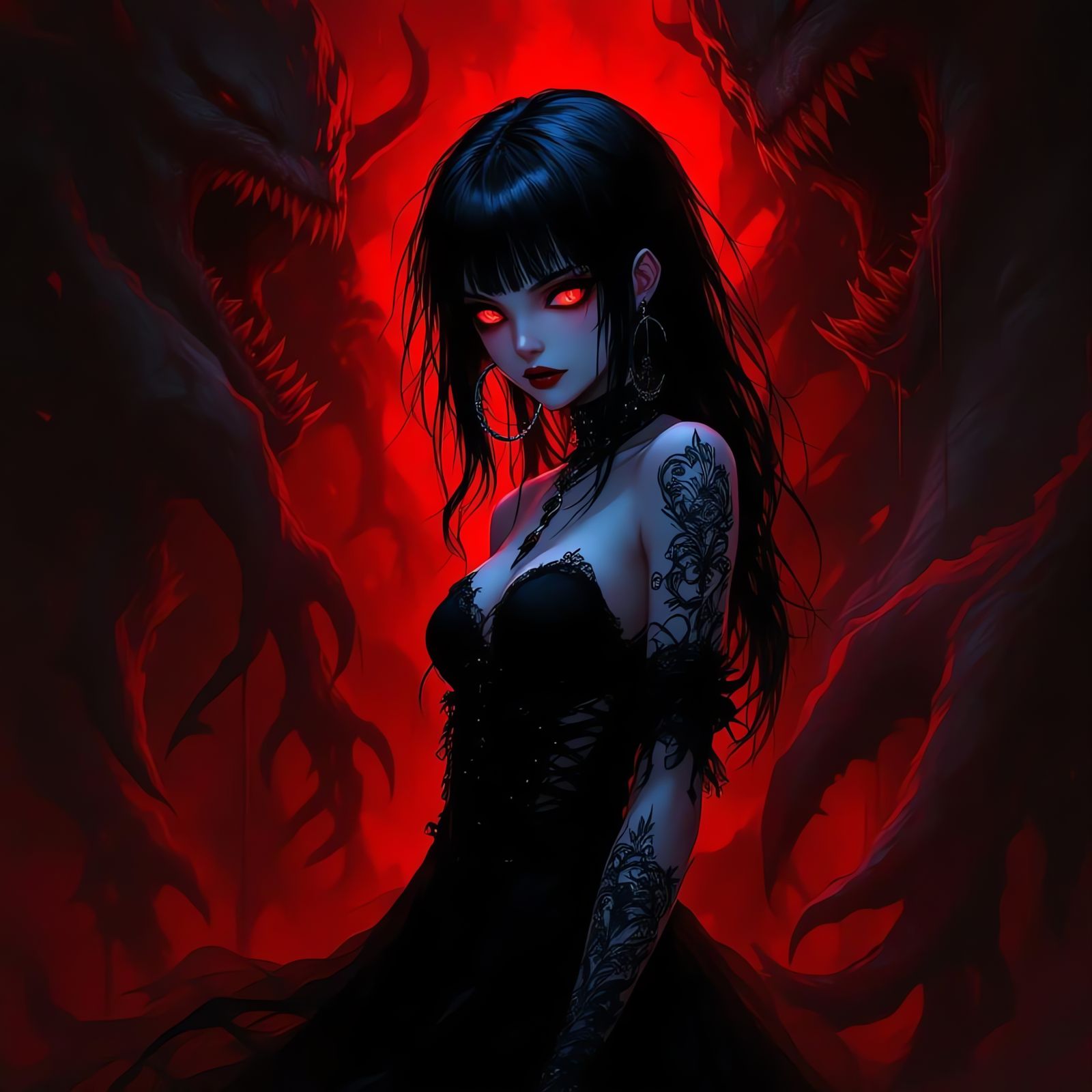 Gothic Anime Girl in Nightmarish Red & Black Realm