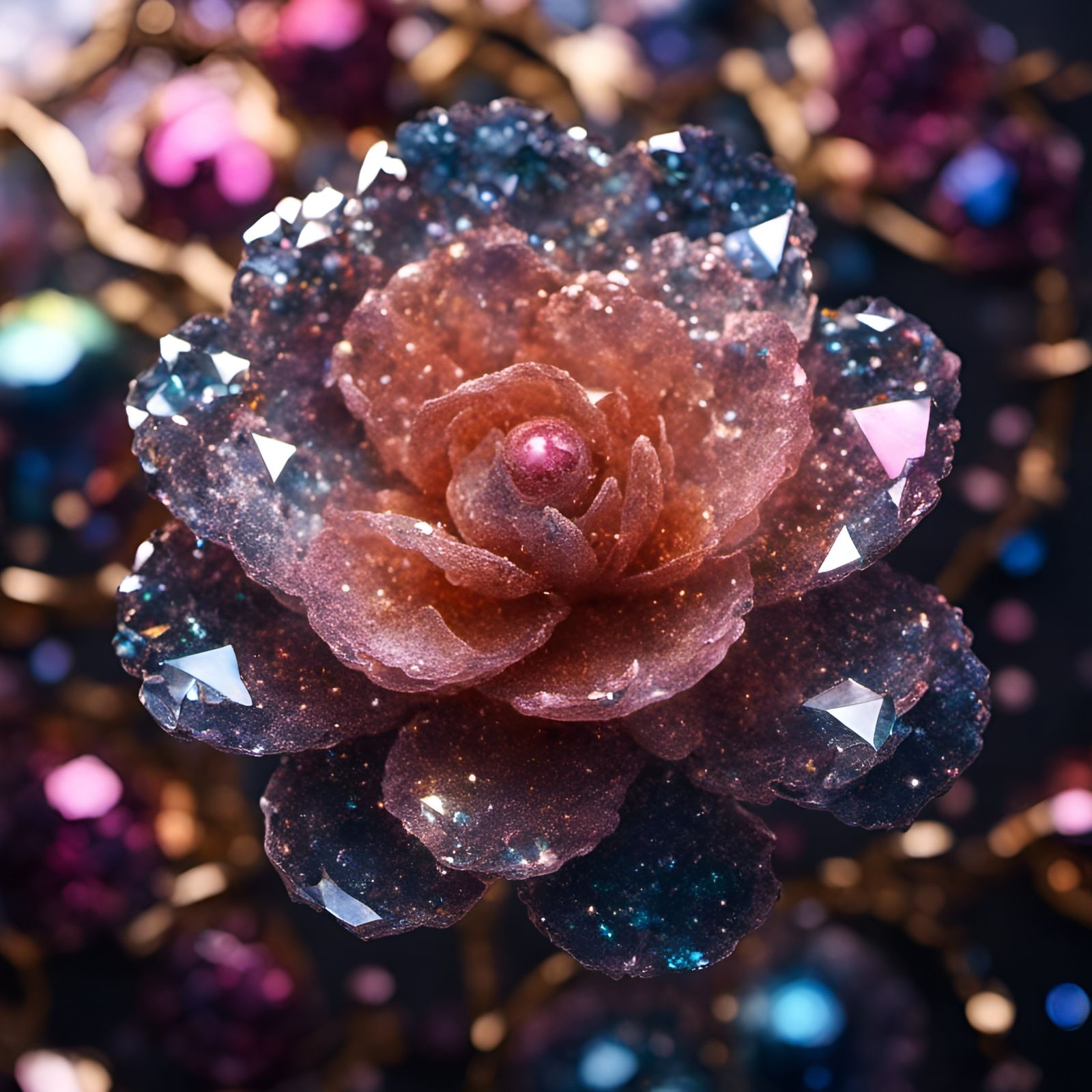 Glittering Crystal Camellia Galaxy in Hyperrealistic Style