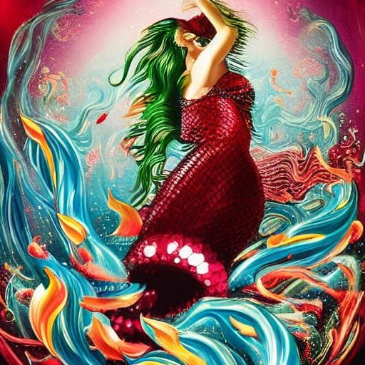 Surrealist Mermaid Goddess in Iridescent Scales and Glitteri...