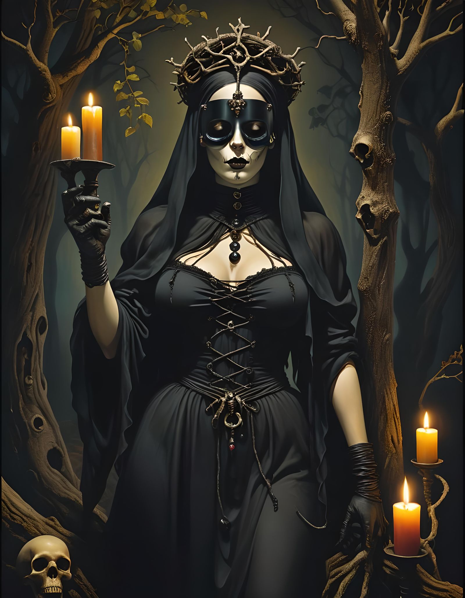 Gothic High Priestess Tarot Card in Botero Style