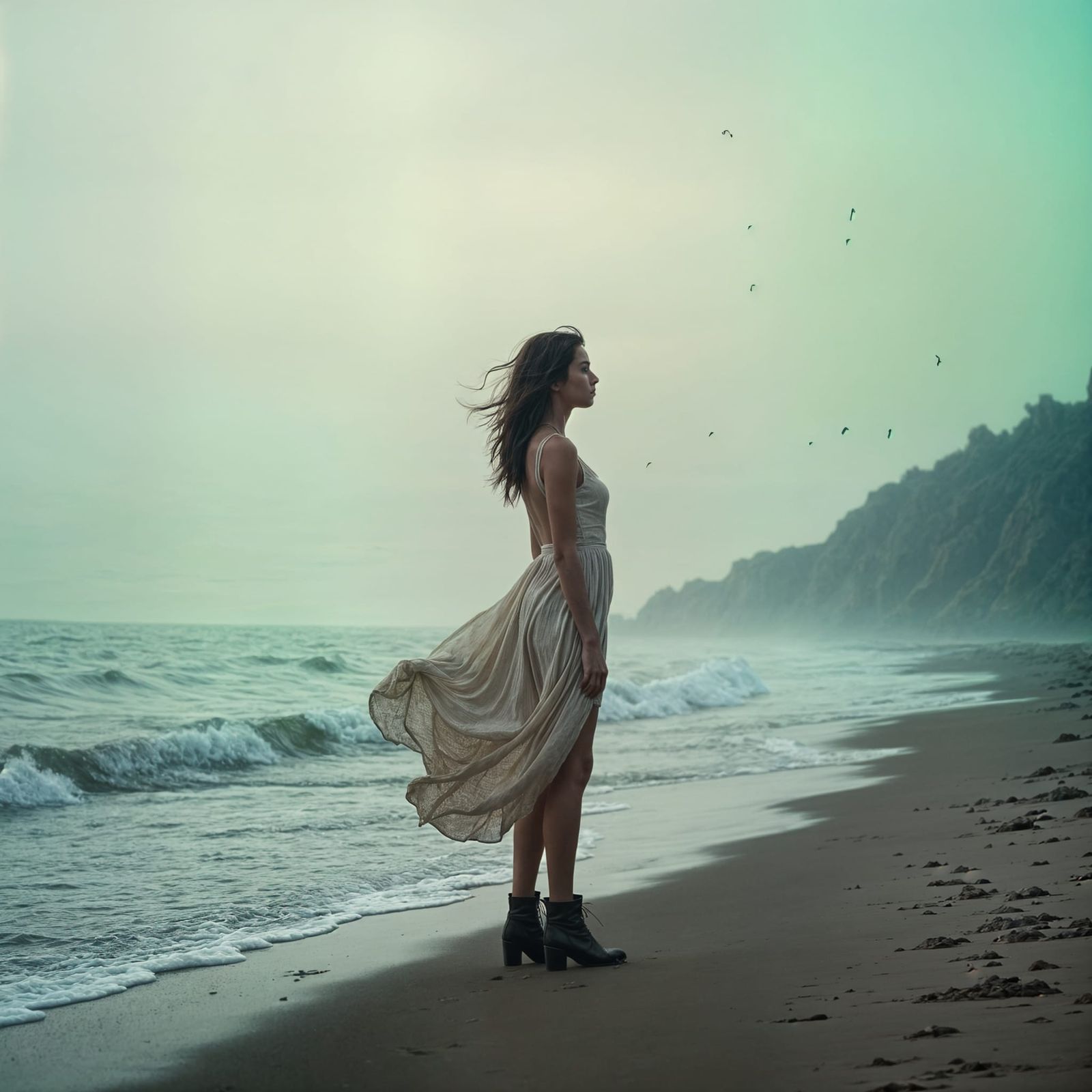 Woman Portrait on Beach in Cinematic Style