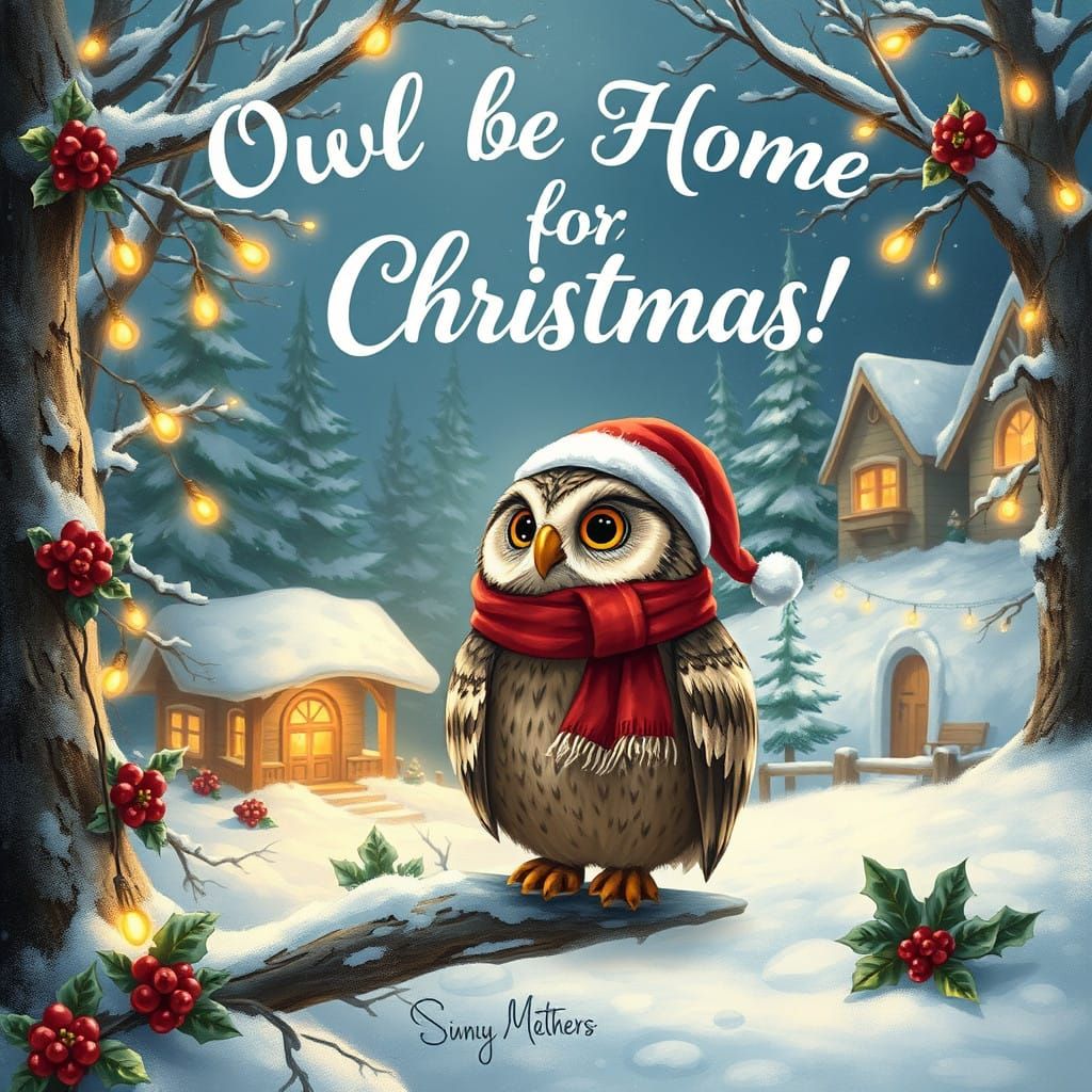 Whimsical Winter Wonderland Scene with Majestic Owl in Festi...