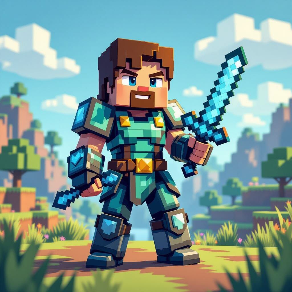 Minecraft Character in Diamond Armor, Low-Poly Style