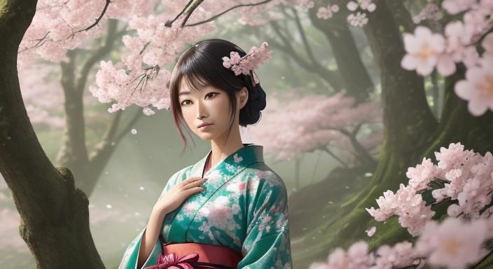 Anime Fox Girl Portrait in Japanese Woodblock Style