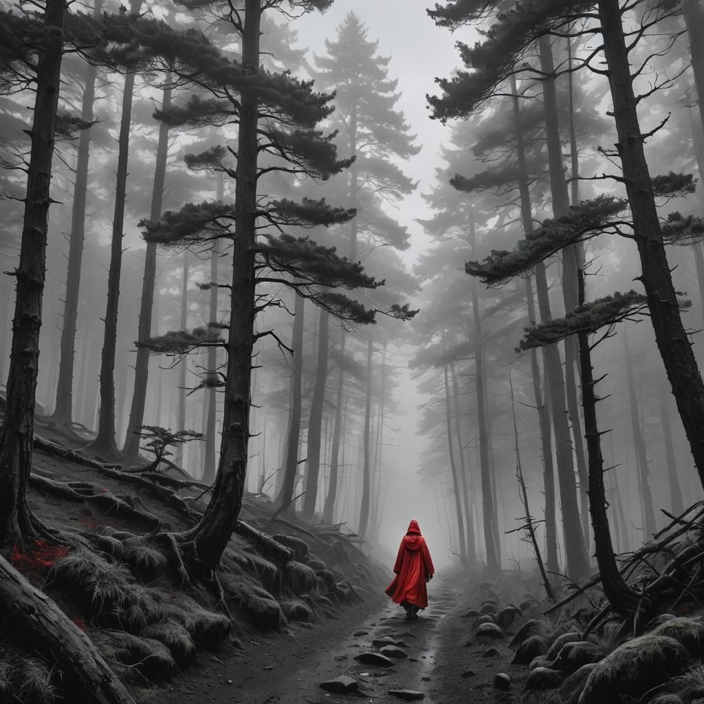 Misty Mountain Path with Ghost in Grayscale and Red