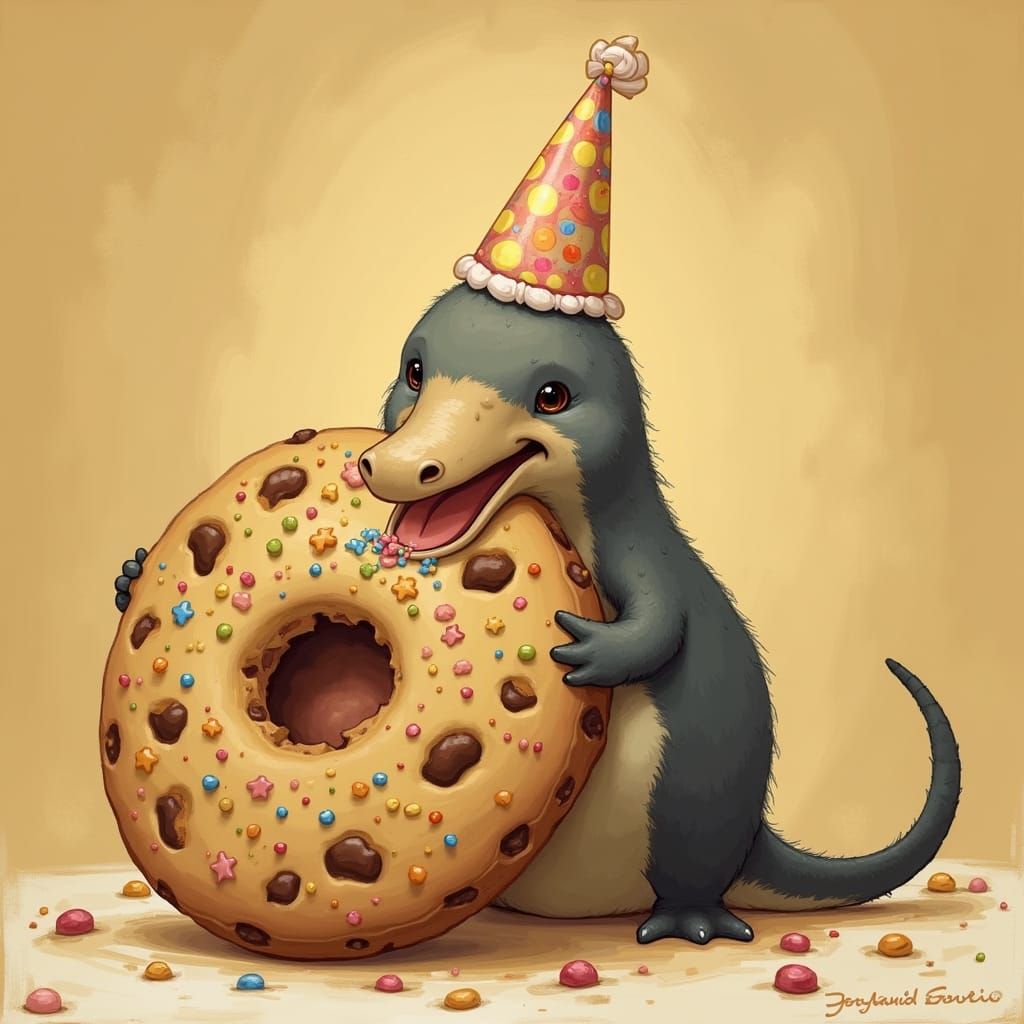 Whimsical Platypus Devours Giant Cookie in Colorful Celebrat...
