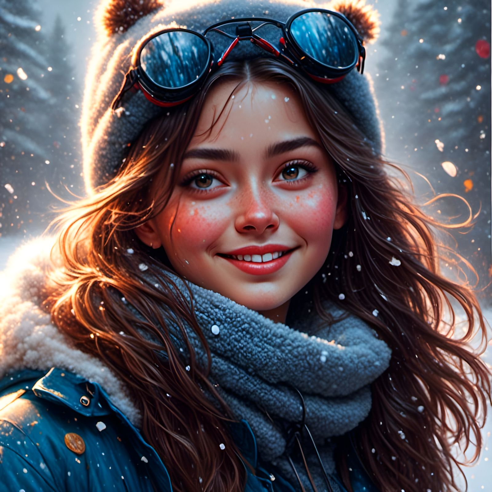 Brunette Woman's Joyful Snow Portrait in Digital Art Style