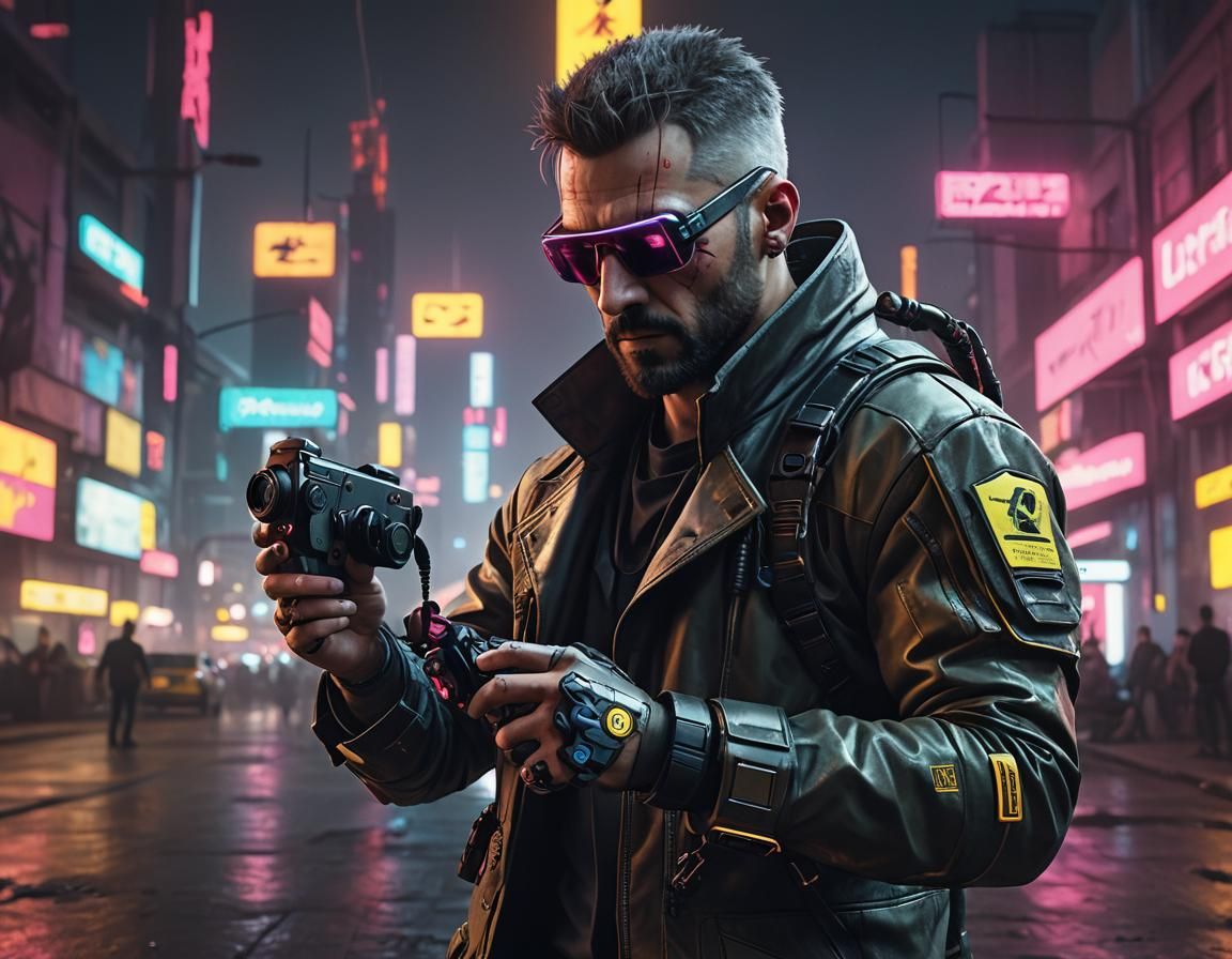 Android Photographer in Cyberpunk Neon Cityscape