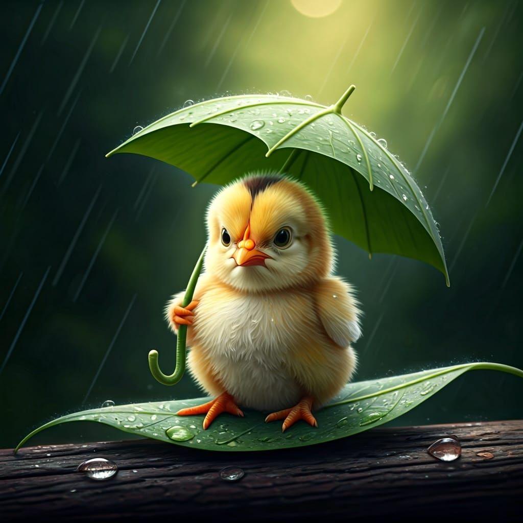 Angry Chick Under Leaf, Hyper-Realistic Style