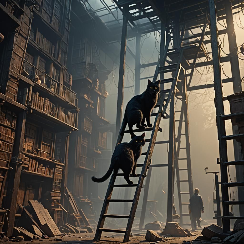 Black Cat Under Ladder: Dramatic Digital Painting