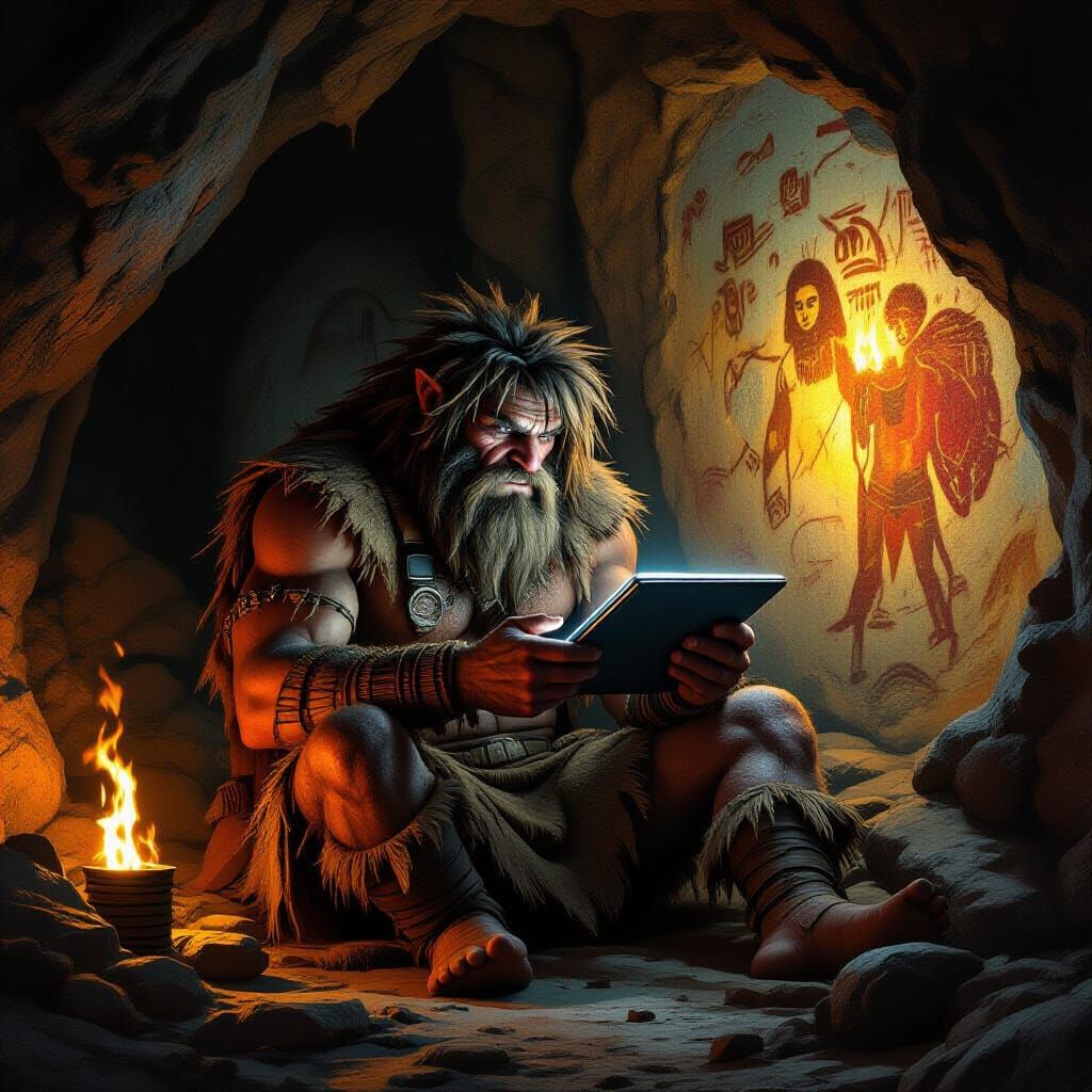 Caveman Discovers Tablet in Torchlit Cave, Digital Art