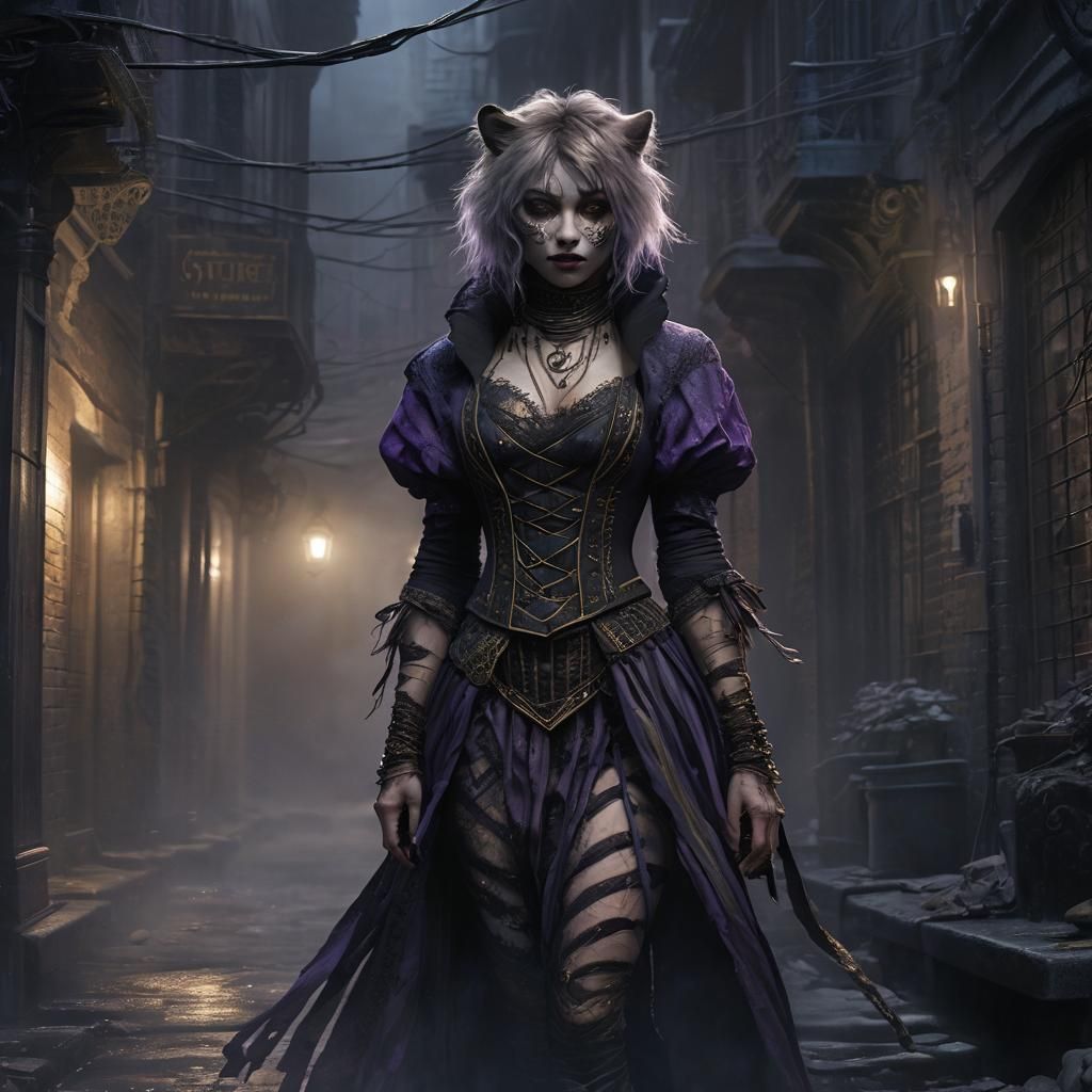 Mystical Tiger Woman in Gothic Alleyway
