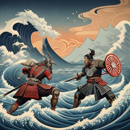 Samurai vs Vikings in Ukiyo-e Style