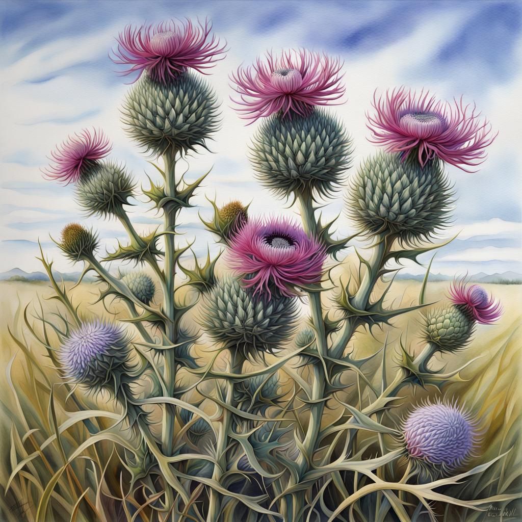 Surreal Watercolor of Milk Thistle Flowers