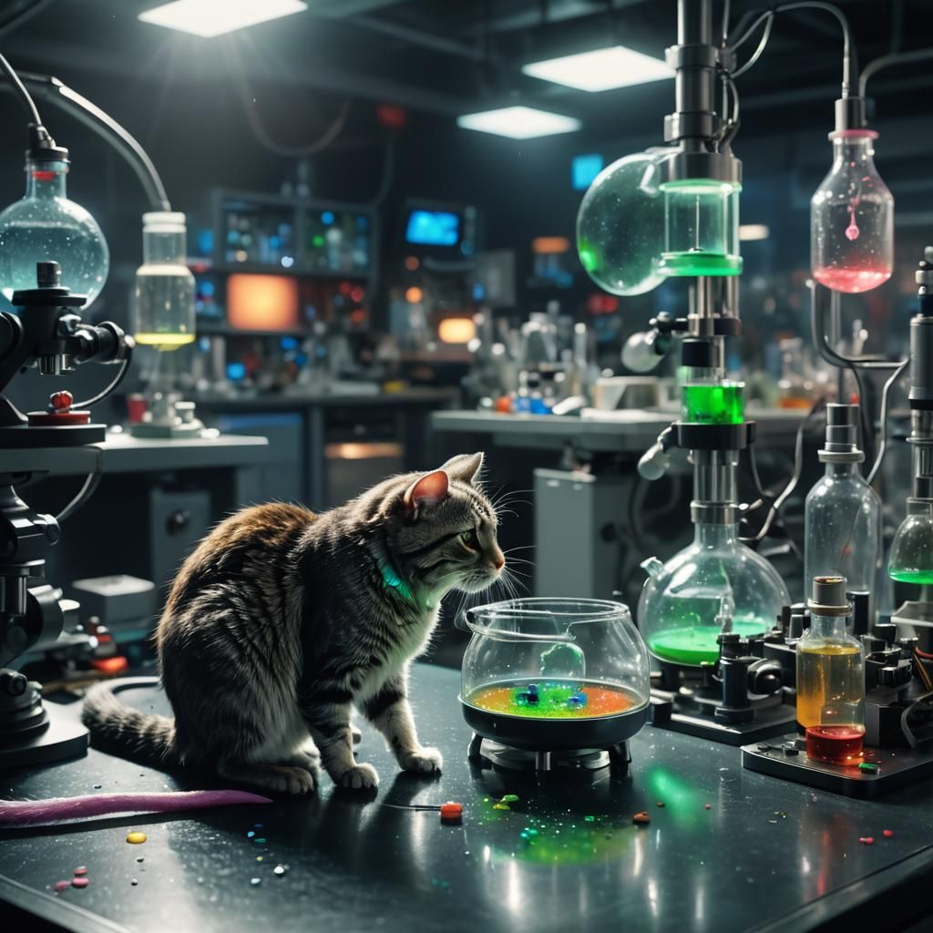 Cat and Mouse Standoff in Sci-Fi Laboratory