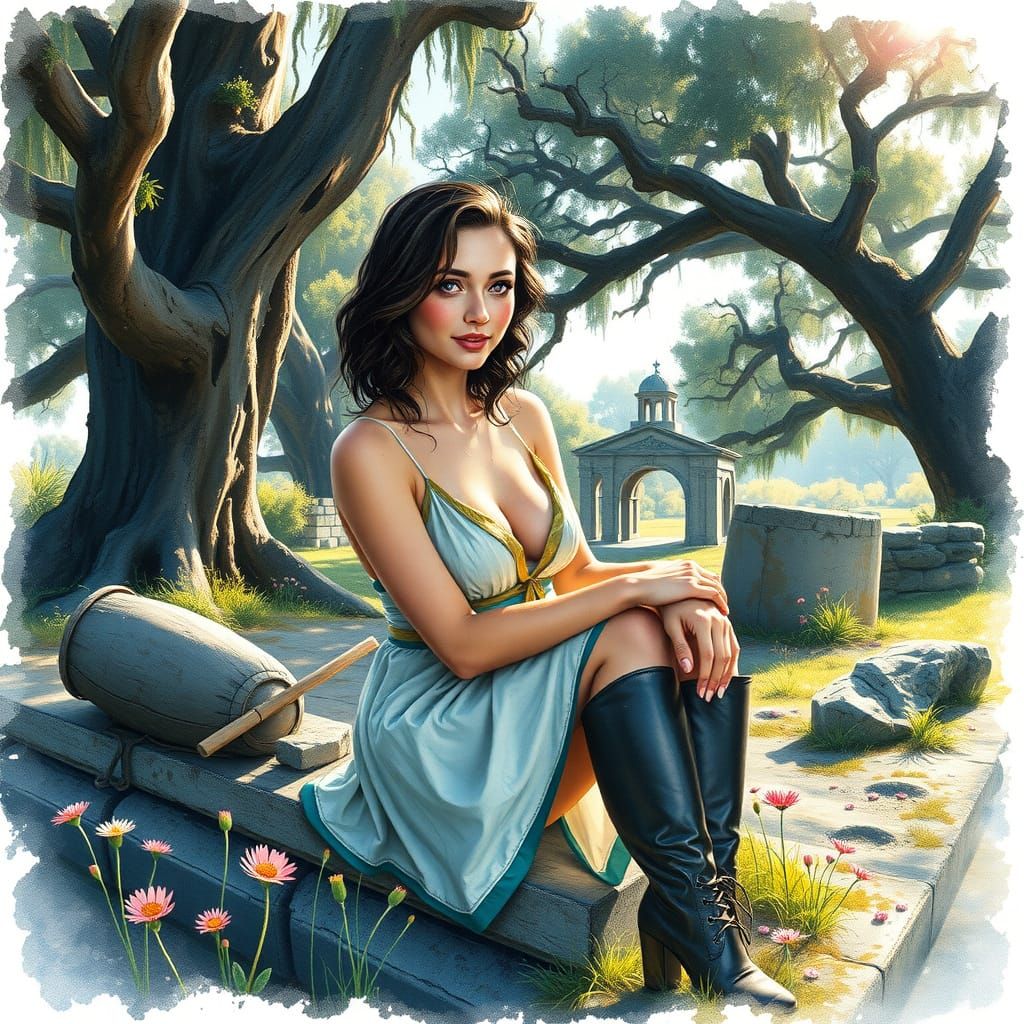 Watercolor of Freckled Woman in Weathered Vardo