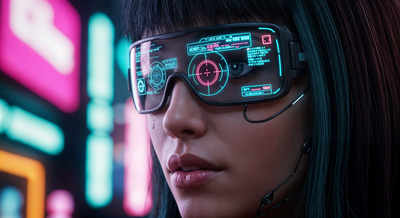 Cyberpunk Woman with AR Glasses in Neon City